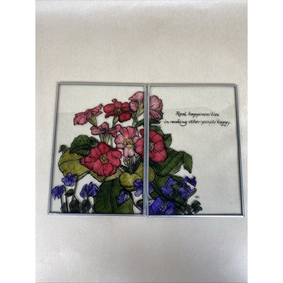 Rare Vintage Hand Painted Floral Stained Glass Folding Panel Art Deco Signed DML - Picture 2 of 7